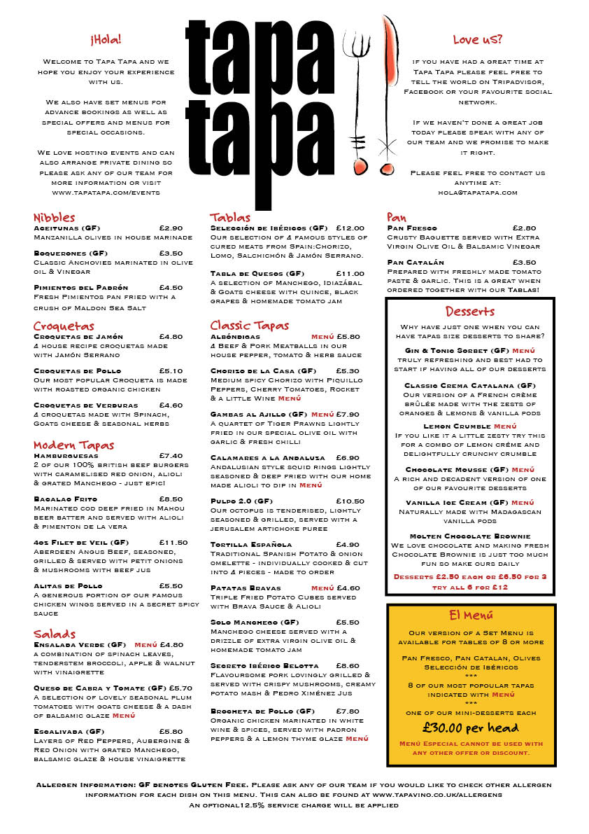 Menu Tapa Tapa Spanish Restaurant Bar At Excel
